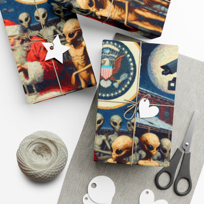 Vintage alien wrapping paper with Santa and patriotic seal designs.