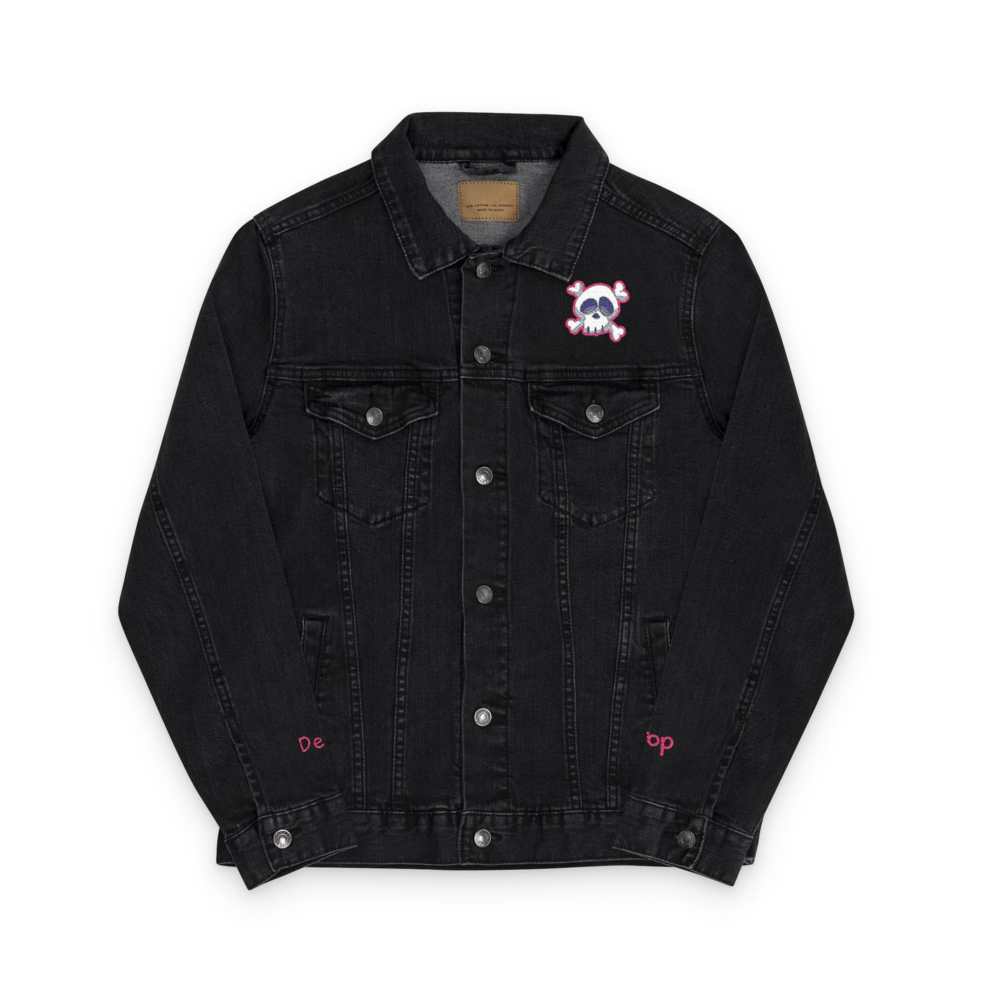 Jacket: Embroidered Drop Dead Pink Punk Skull Denim Jacket
