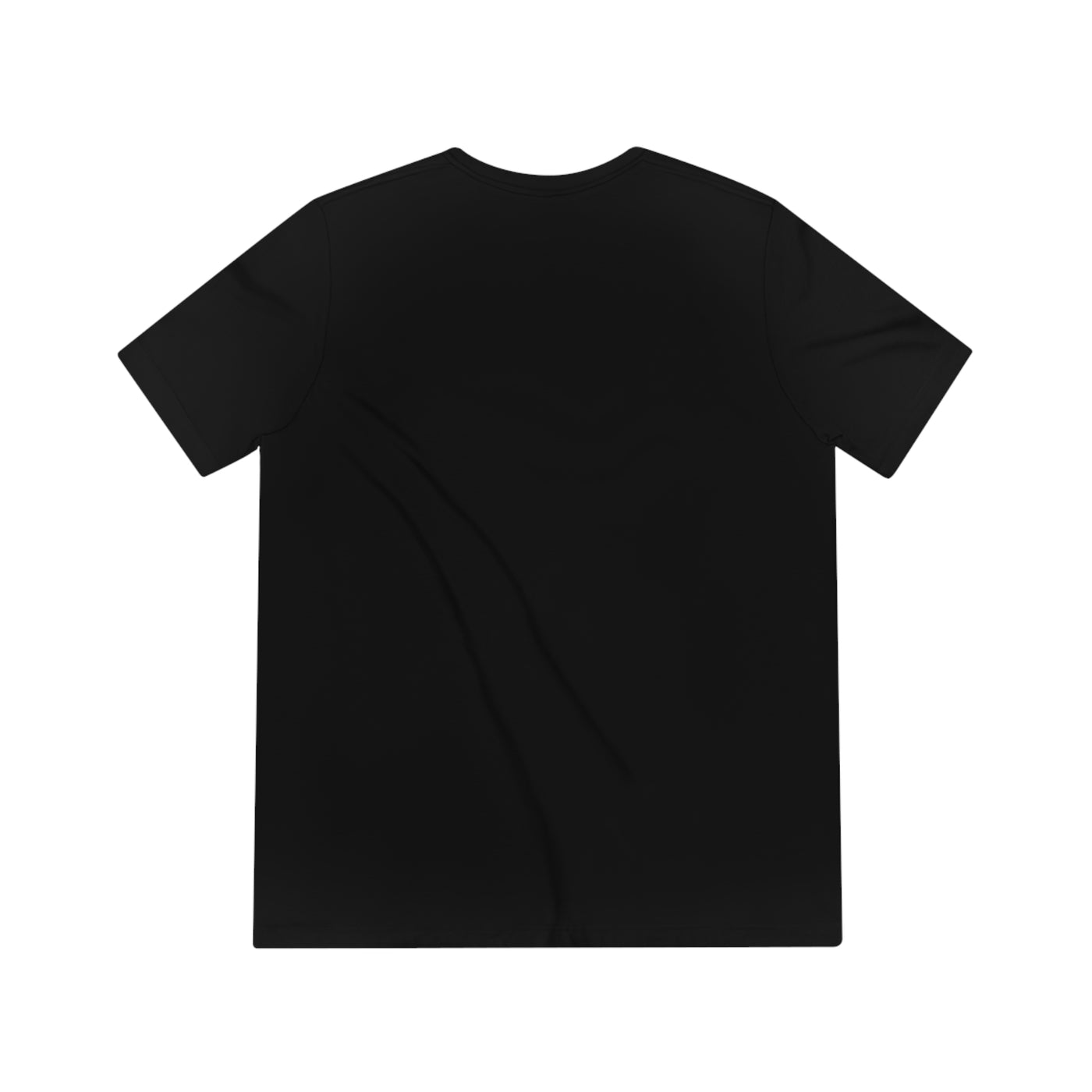 Black t-shirt with a crew neck and short sleeves.