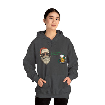 Dark grey hoodie with a graphic of a cool Santa, a beer mug, and text.