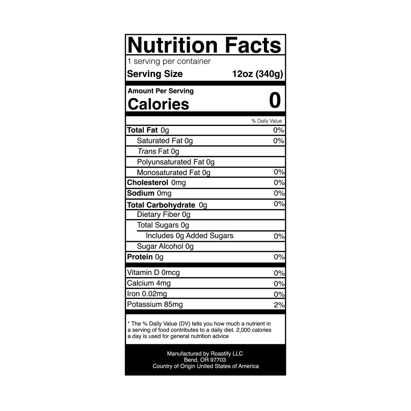 Nutrition facts label for Coffee: Break in Case of Emergency - Broken Top (Medium Roast) Coffee, 12 oz. Includes calorie count, vitamins, and ingredients.