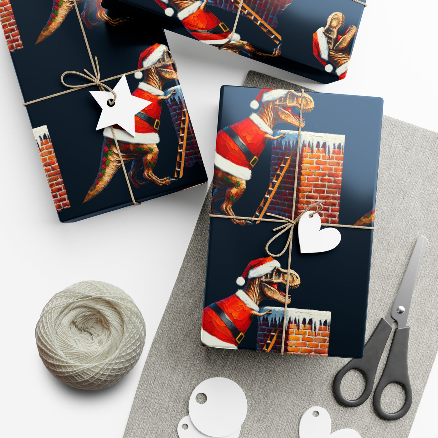 Gift wrap with a vibrant T-Rex in a Santa suit climbing a chimney.