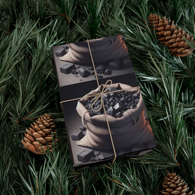 Gift wrap paper featuring a sack of coal and pinecones on a dark background.