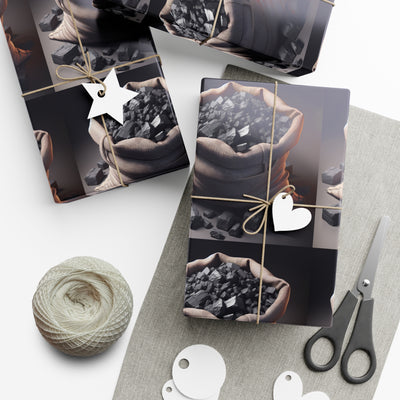 Gift wrap paper featuring bags of coal with twine and gift tags.
