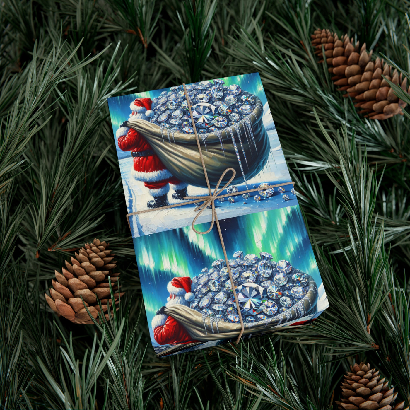 Wrapping paper with Santa carrying a sack of diamonds under the aurora borealis.