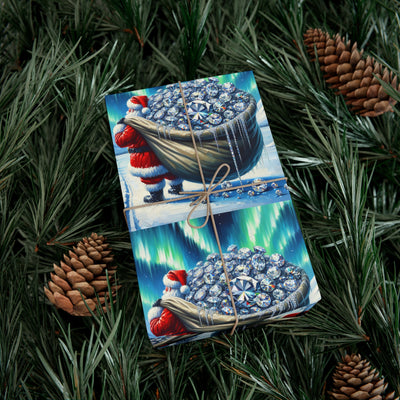 Wrapping paper with Santa carrying a sack of diamonds under the aurora borealis.