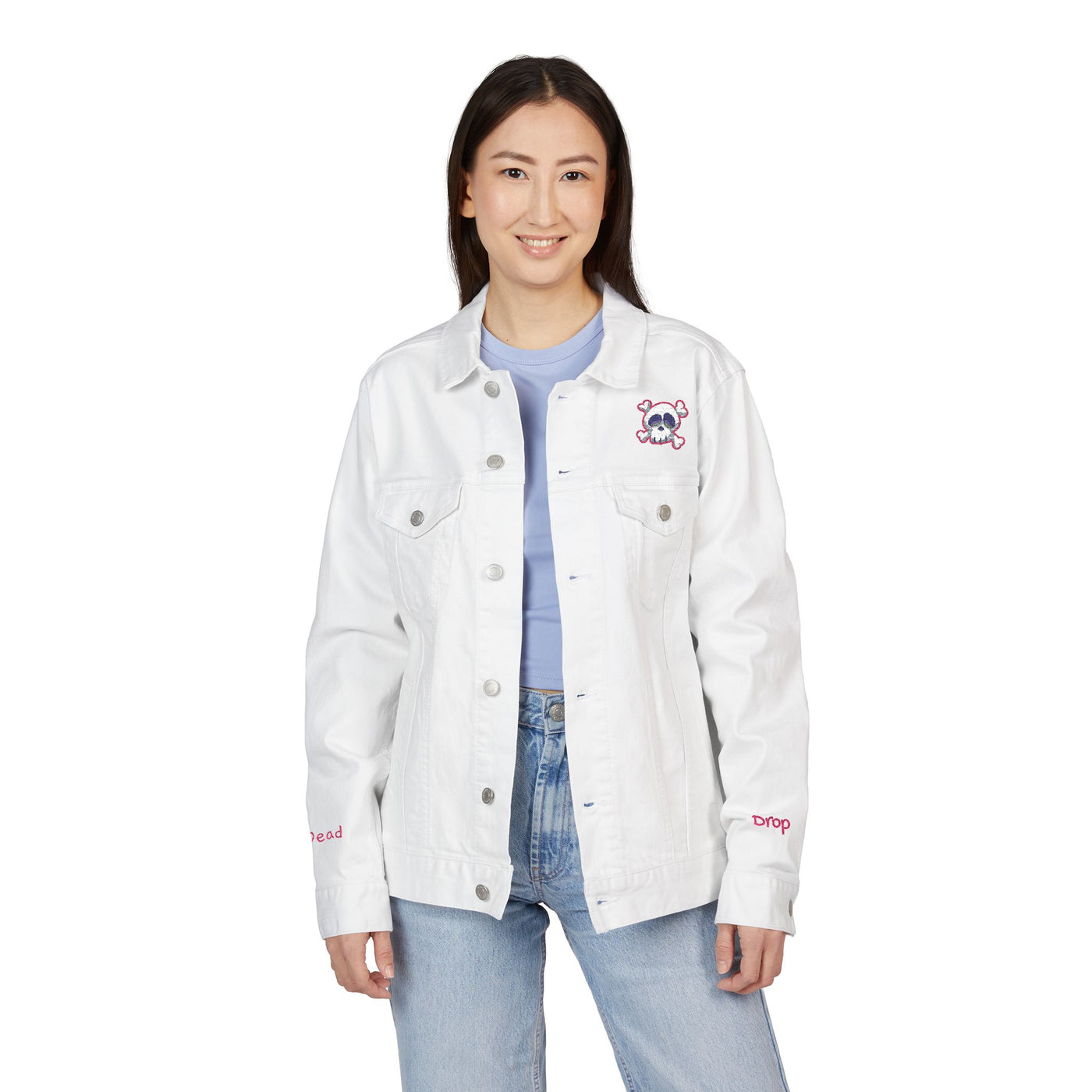Jacket: Embroidered Drop Dead Pink Punk Skull Denim Jacket