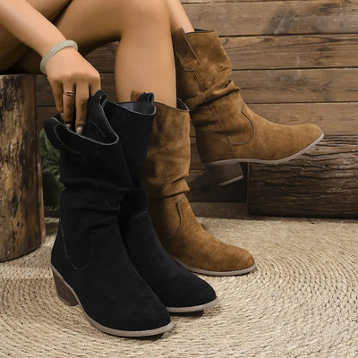 Trendsi suede block heel boots in black and brown.
