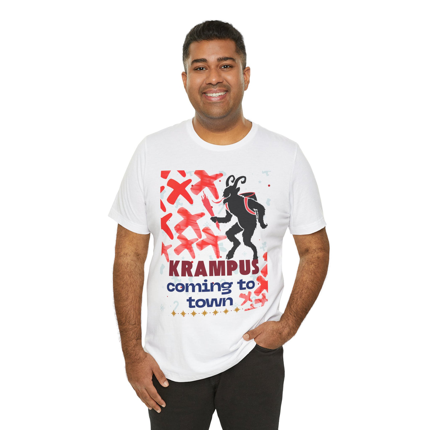 A man wears a white t-shirt with a Krampus graphic and text.