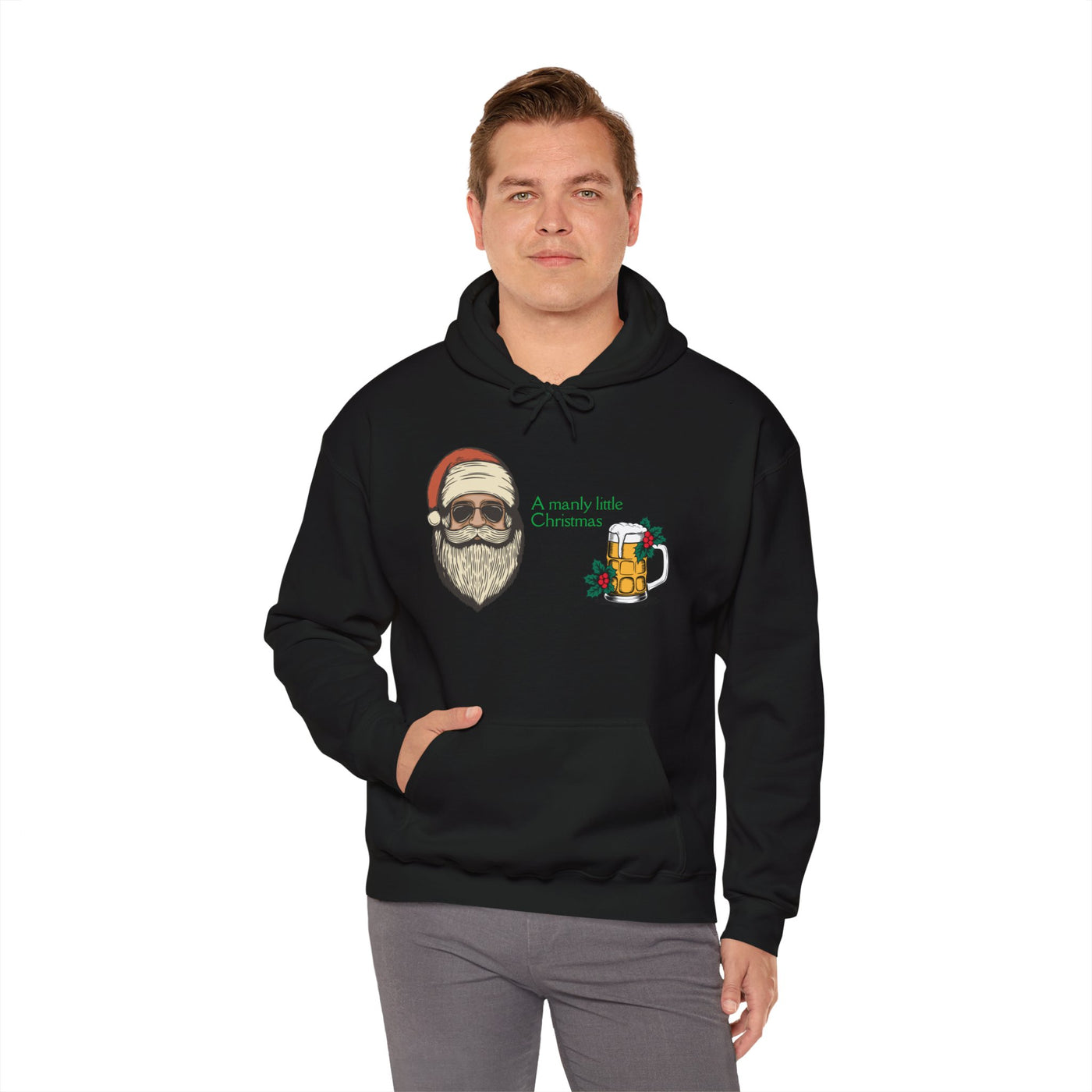 Black hoodie with a graphic of a Santa Claus head and a beer mug.