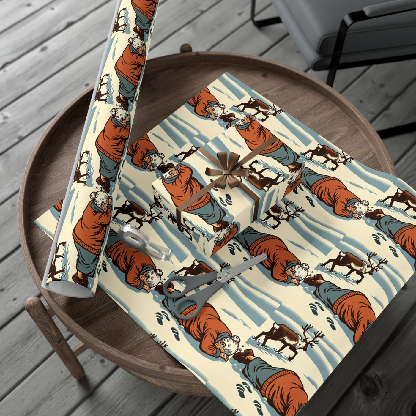 Wrapping paper with a vintage illustration of a grandma and reindeer in the snow.