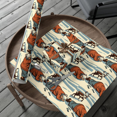 Wrapping paper with a vintage illustration of a grandma and reindeer in the snow.