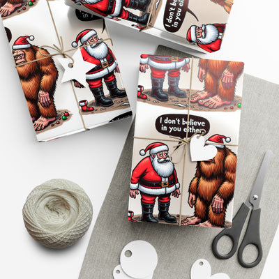 Wrapping paper with Santa and Bigfoot design.