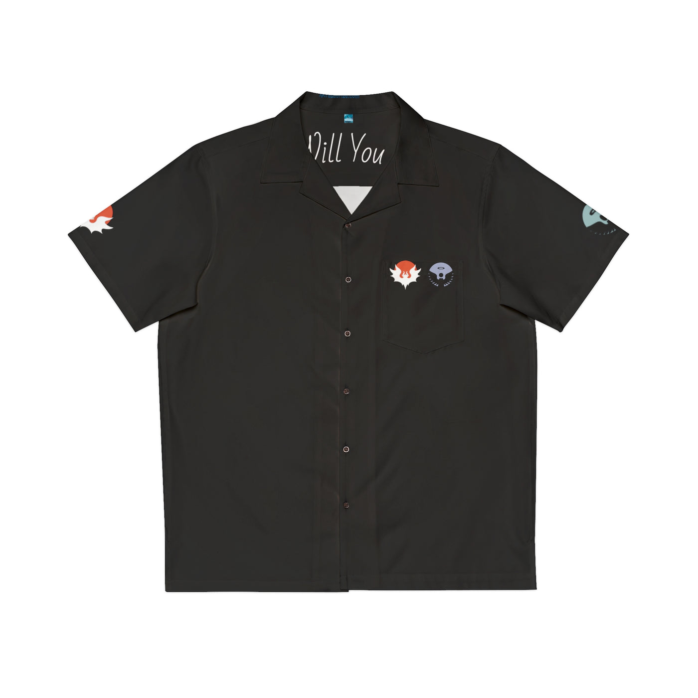 Black button-up shirt with embroidered designs on a white background

