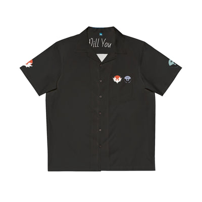 Black button-up shirt with embroidered designs on a white background

