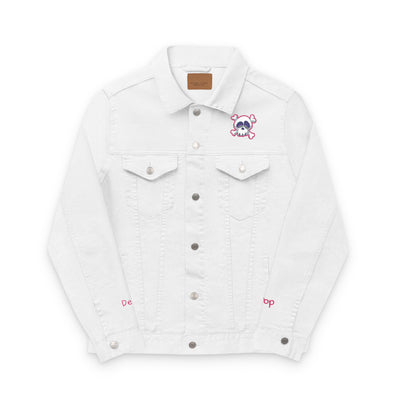 "Embroidered Drop Dead Pink Punk Skull Denim Jacket – edgy streetwear fashion for punk and rock lovers"