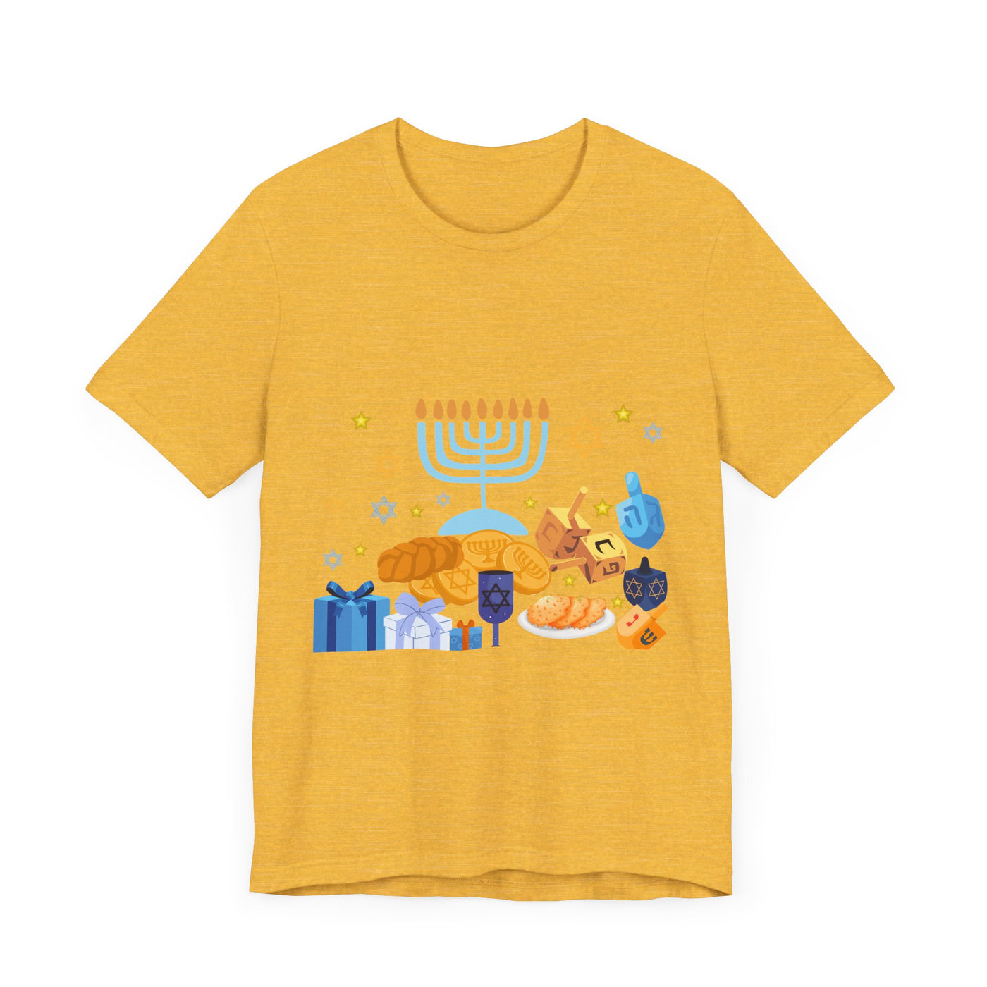 Yellow t-shirt with a graphic of Hanukkah symbols.