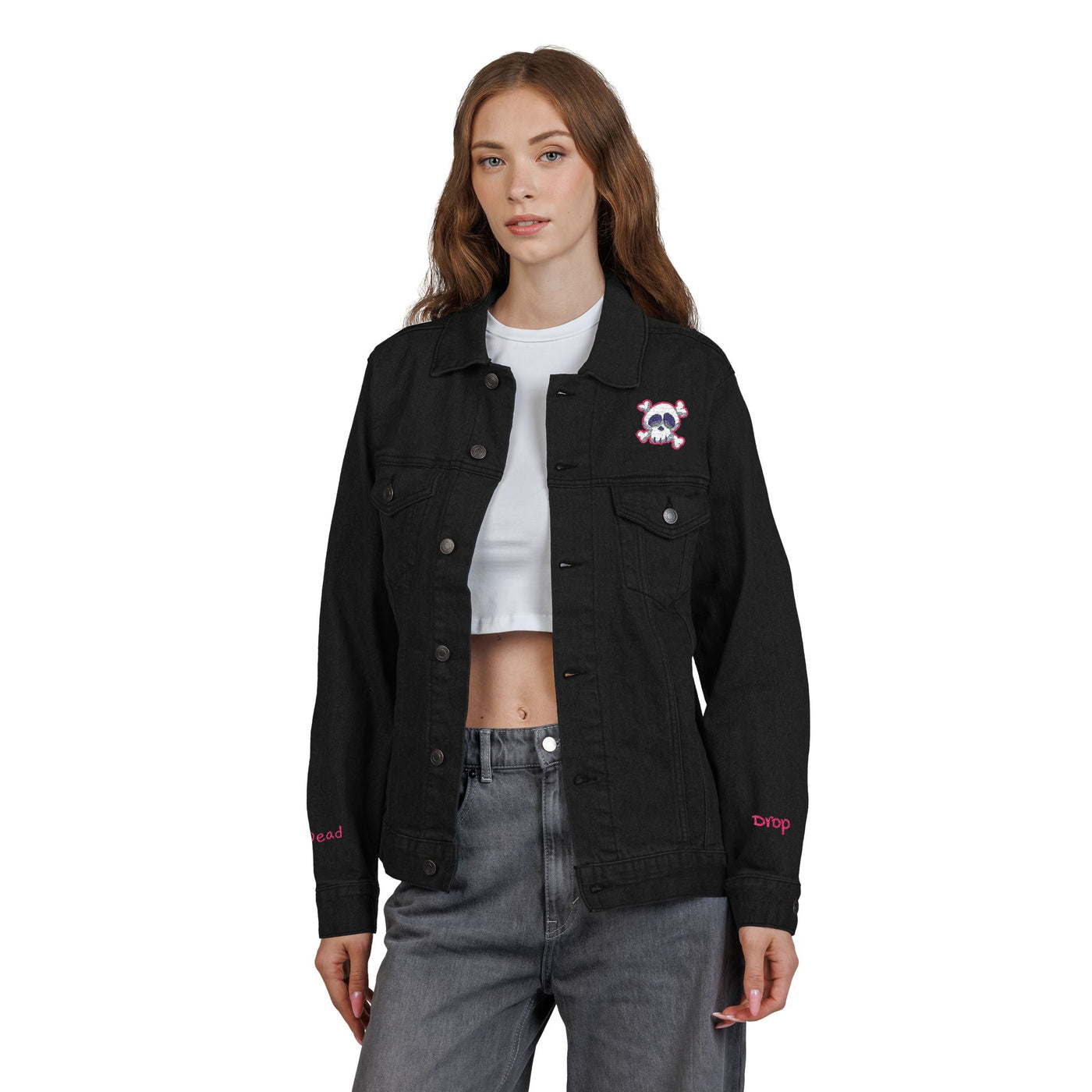 Jacket: Embroidered Drop Dead Pink Punk Skull Denim Jacket