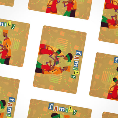 Kwanzaa postcards featuring vibrant family illustrations and the word "Family".