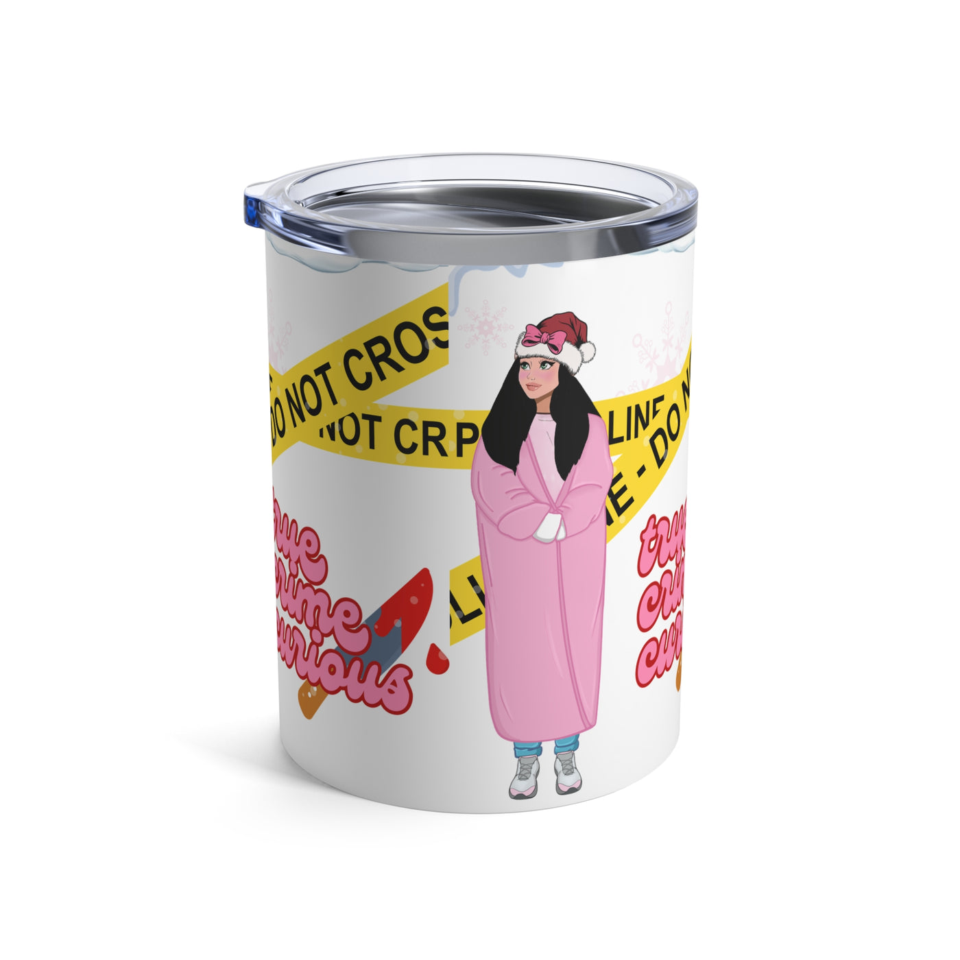 A 10oz stainless steel tumbler with a holiday-themed true crime design.
