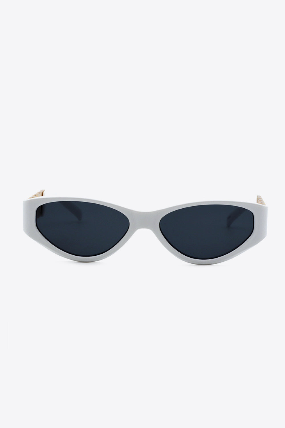White cat-eye sunglasses with dark lenses and chain detail on the temples.