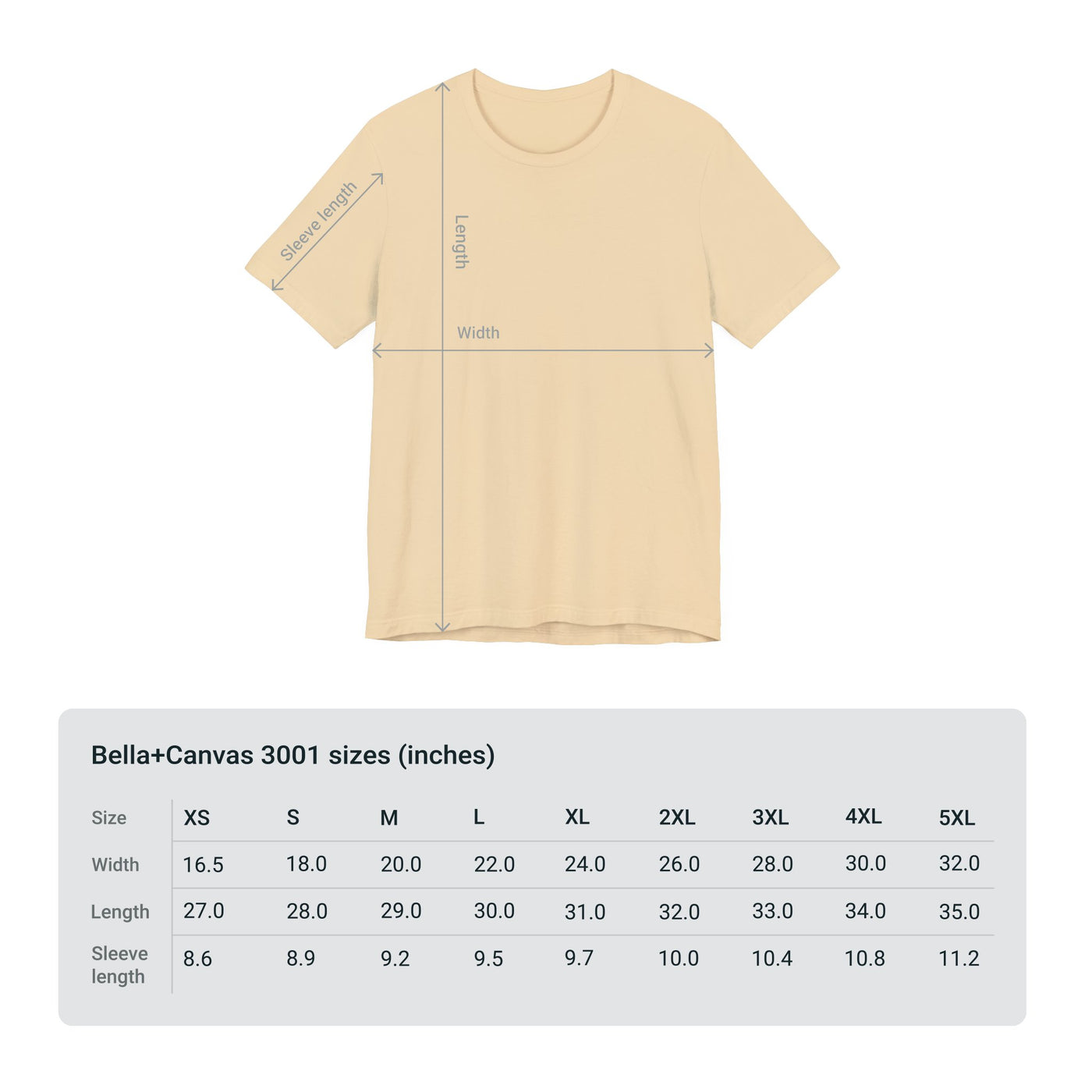 A beige t-shirt with size chart for Bella+Canvas 3001.