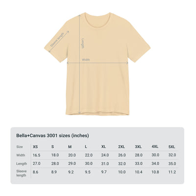 A beige t-shirt with size chart for Bella+Canvas 3001.
