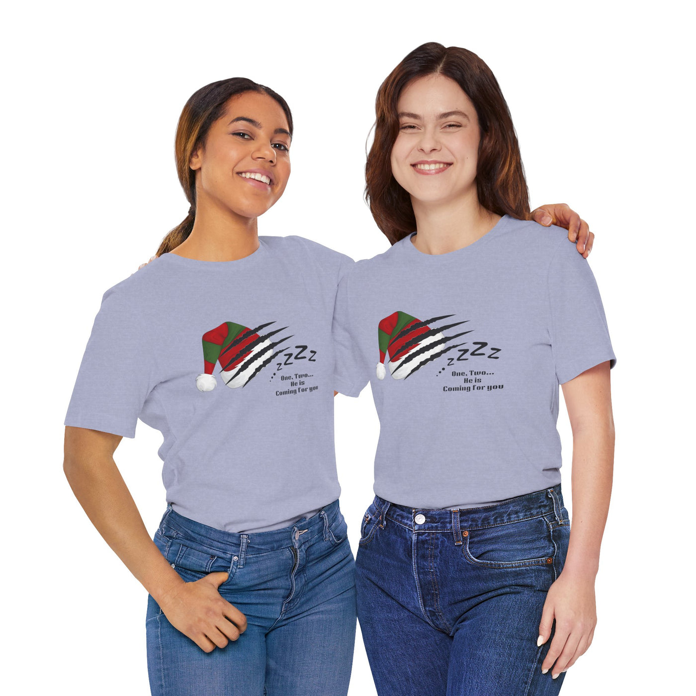 Two women in light purple t-shirts with a Nightmare on Elm Street holiday graphic.