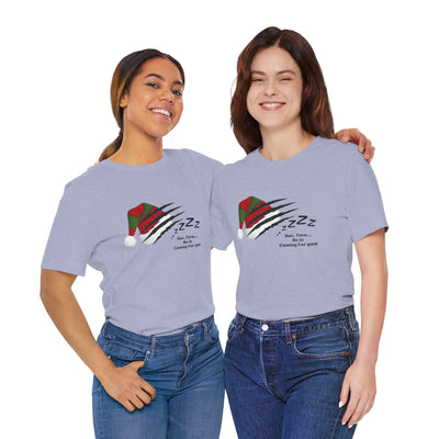 Two women in light purple t-shirts with a Nightmare on Elm Street holiday graphic.