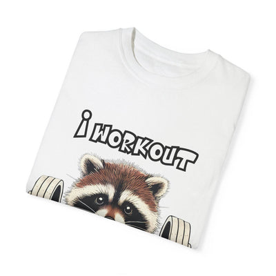 Folded white T-shirt showcasing a raccoon lifting weights with the text 'I Workout' in bold. Fun and unique fitness gift idea.