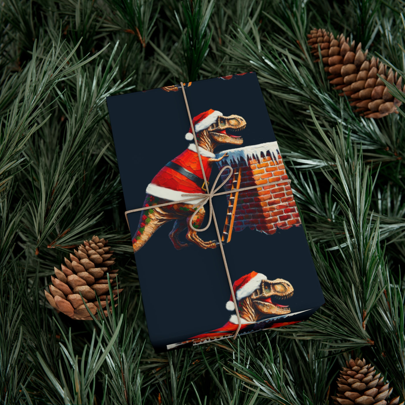Gift wrap with a T-Rex in a Santa hat climbing a chimney.