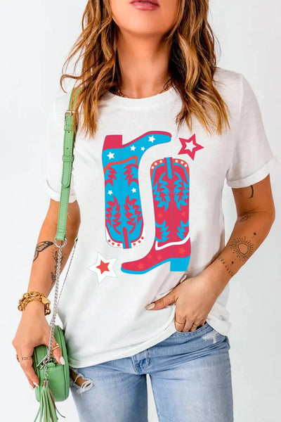 White t-shirt with a red, white, and blue cowboy boot graphic.