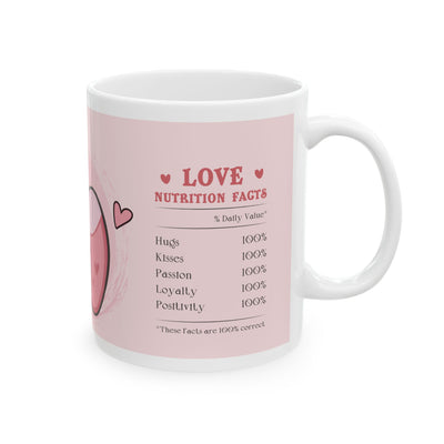 Love Potion mug featuring 'Love Nutrition Facts' with 100% hugs, kisses, passion, loyalty, and positivity, a quirky Valentine's Day gift.