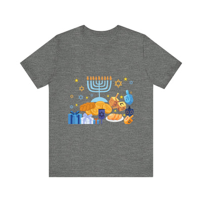 Grey t-shirt with a Hanukkah graphic featuring a menorah, dreidels, gelt, and gifts.