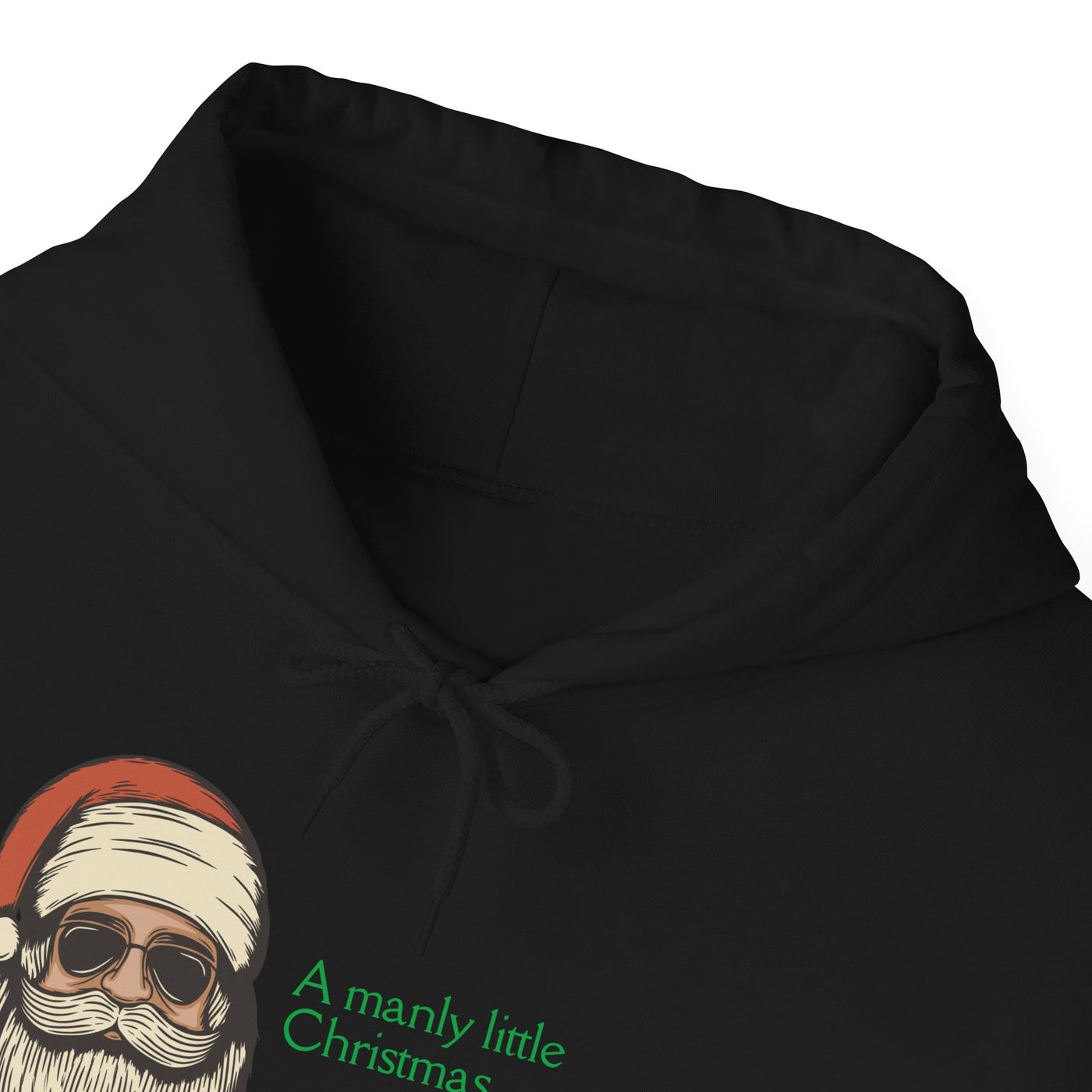 Black hoodie with a Santa graphic and "A manly little Christmas" text.