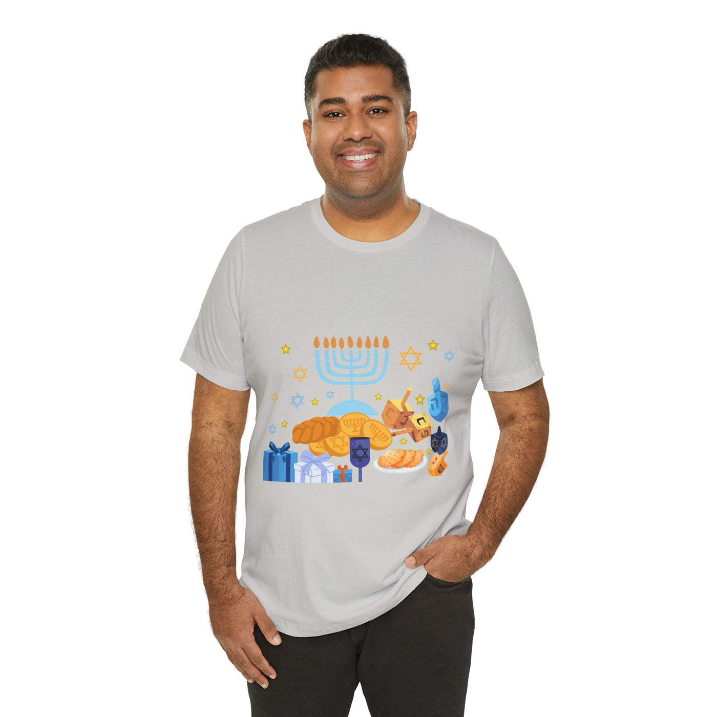 Men's light grey t-shirt with a Hanukkah graphic.