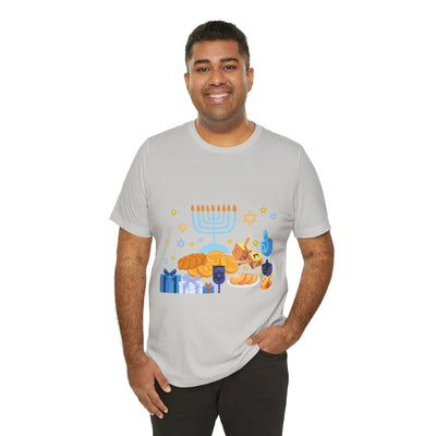 Men's light grey t-shirt with a Hanukkah graphic.