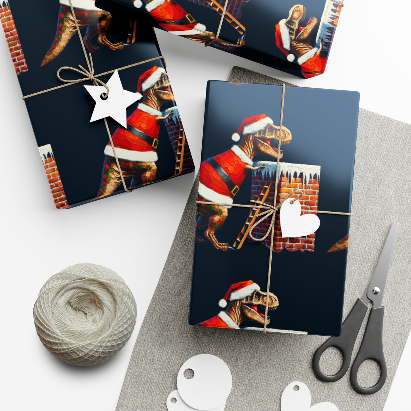 Gift wrap with a T-Rex in a Santa hat on a dark background.