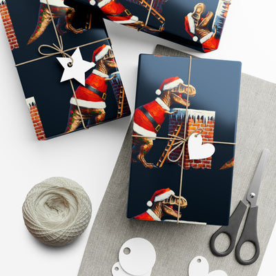 Gift wrap with a T-Rex in a Santa hat on a dark background.