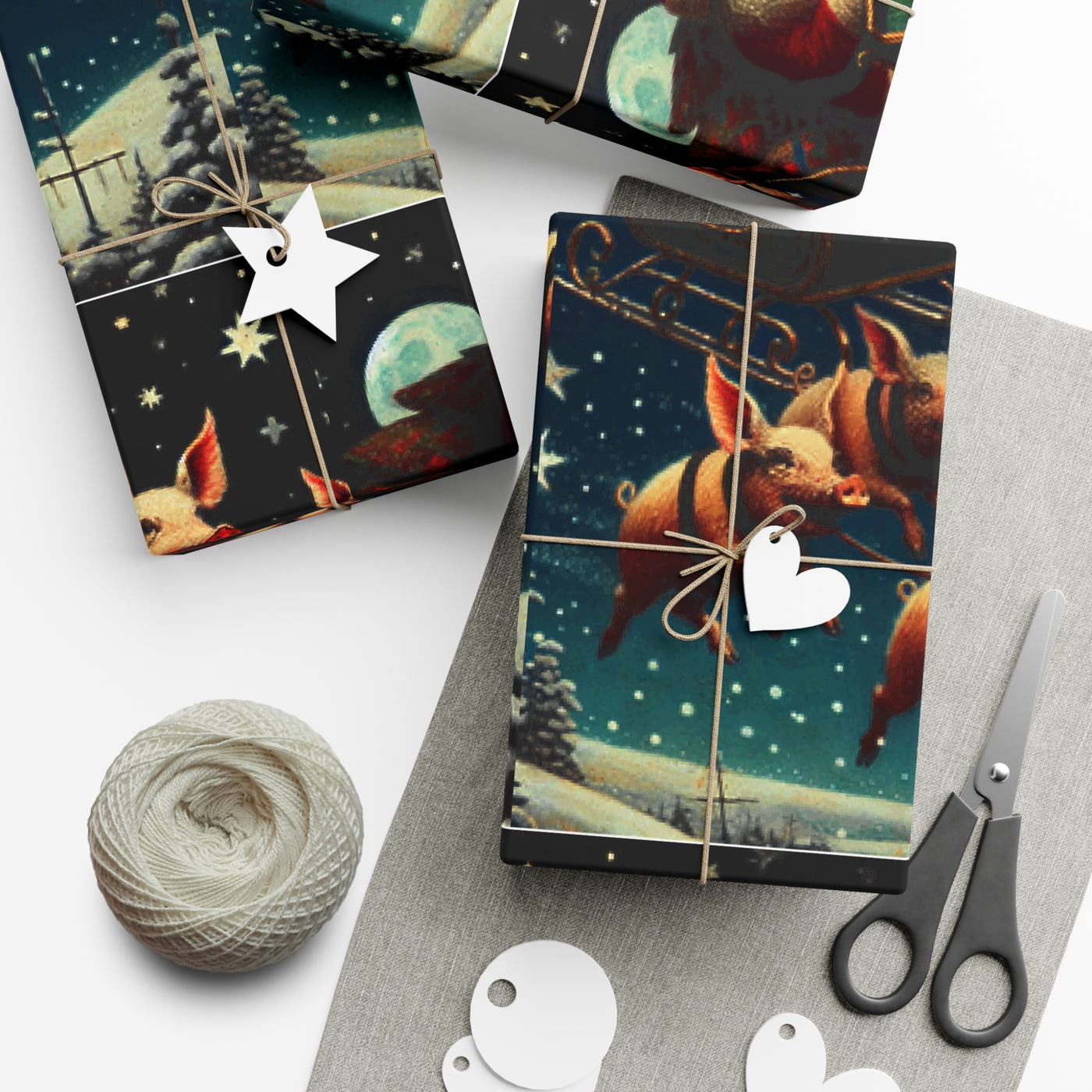Wrapping paper with a whimsical design of pigs flying through a starry night sky.