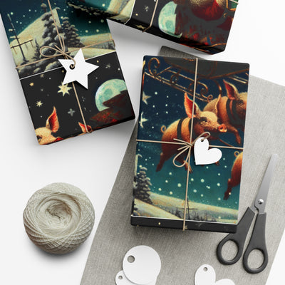 Wrapping paper with a whimsical design of pigs flying through a starry night sky.