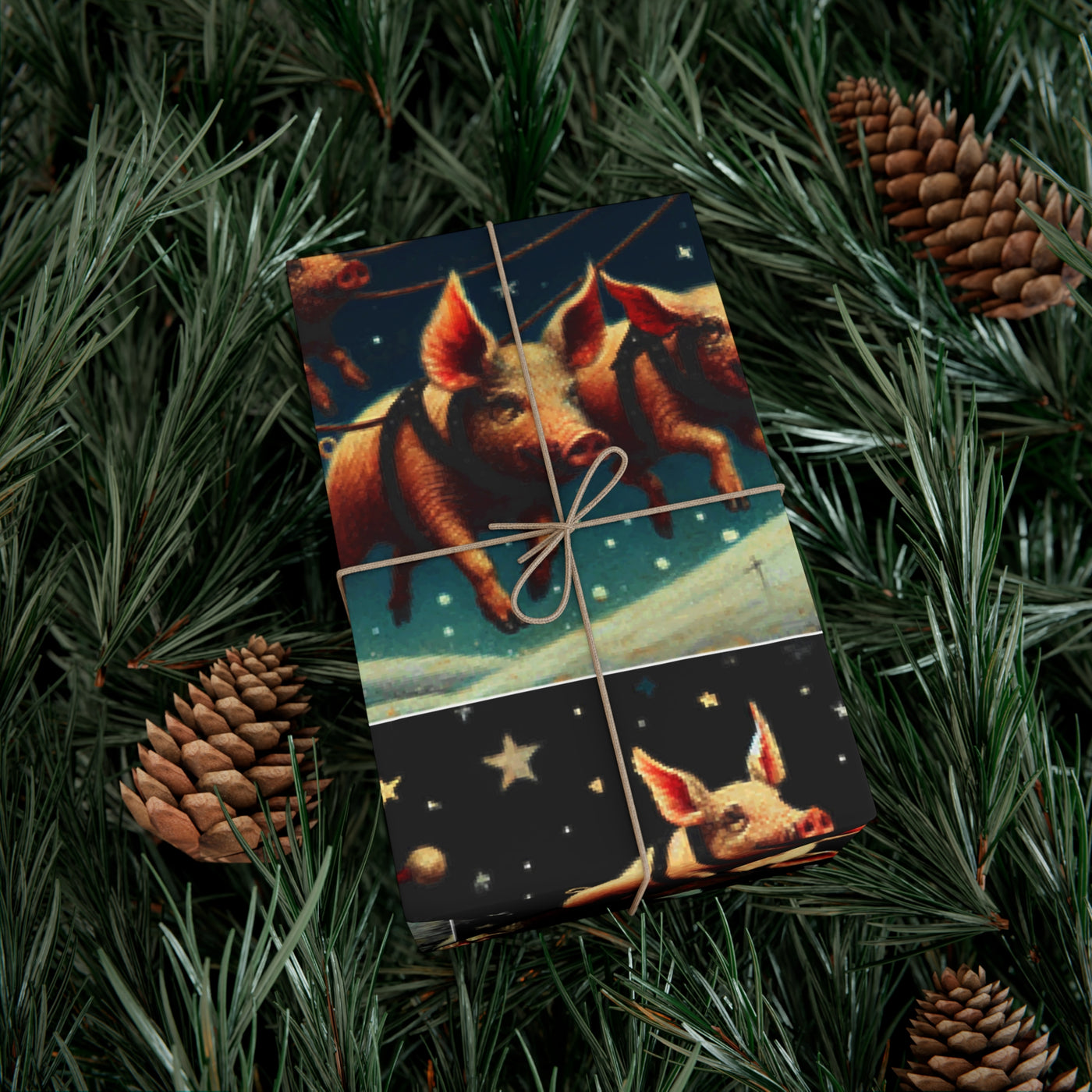 Wrapping paper with a quirky holiday design of flying pigs.
