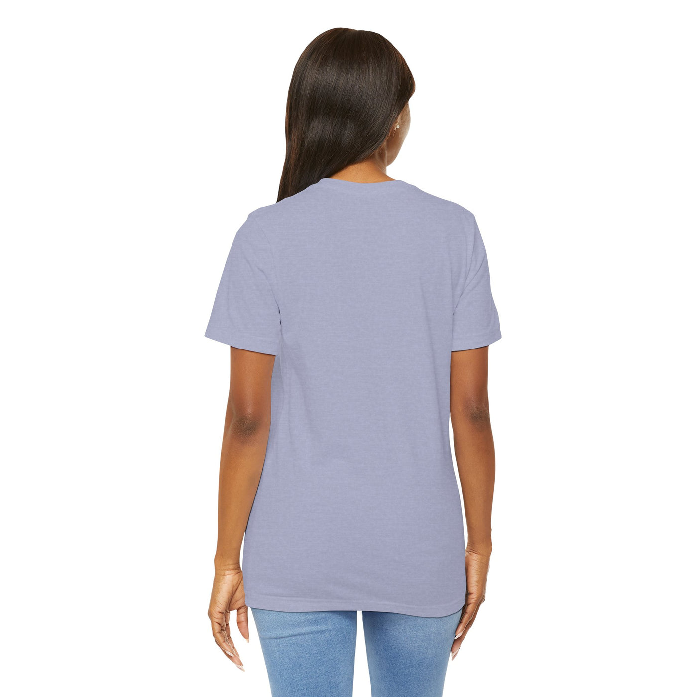 Back view of a woman wearing a light purple short-sleeved t-shirt.