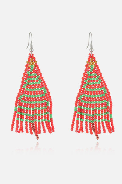 Red and green beaded Christmas tree shaped dangle earrings.