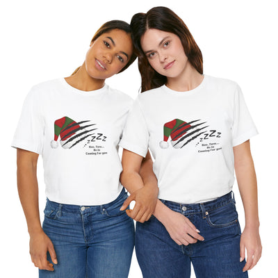 Two women in white t-shirts with a Nightmare on Elm Street holiday graphic.