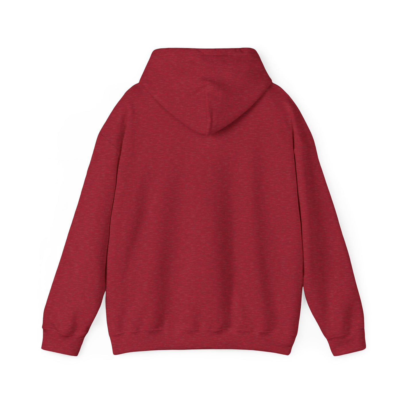 Back view of a red heathered hooded sweatshirt.