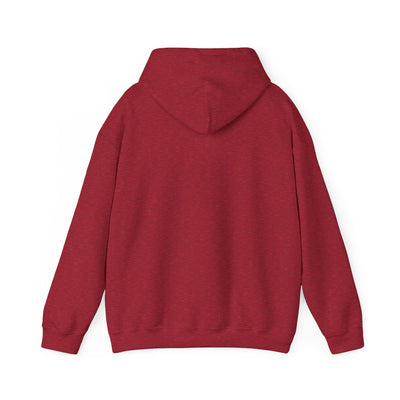 Back view of a red heathered hooded sweatshirt.