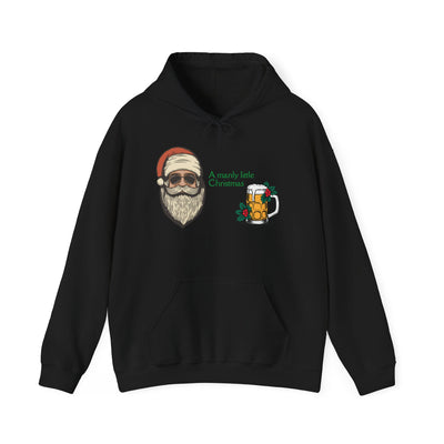 Black hoodie with a graphic of a cool Santa, a beer mug, and text that says "A manly little Christmas".