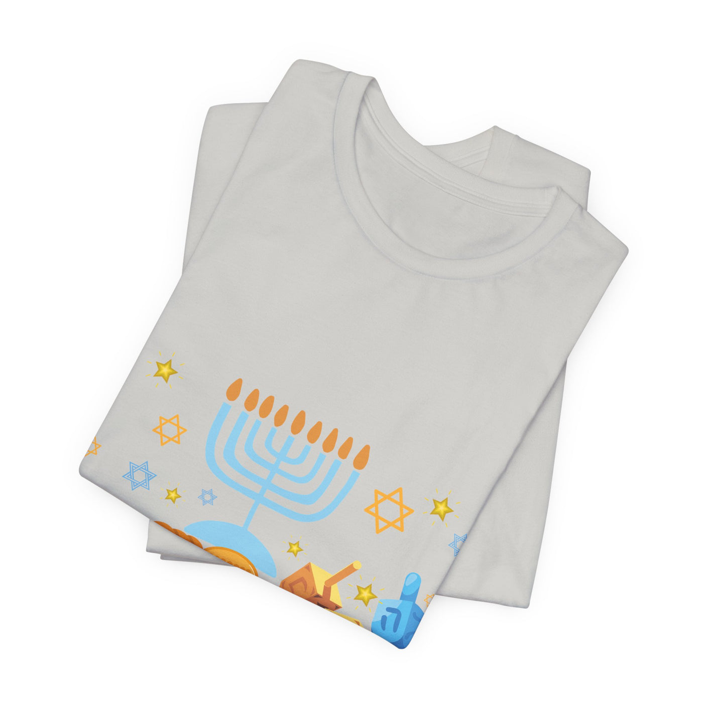 Light gray t-shirt with a Hanukkah graphic featuring a menorah and dreidels.