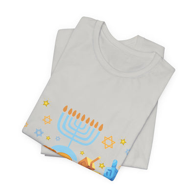 Light gray t-shirt with a Hanukkah graphic featuring a menorah and dreidels.